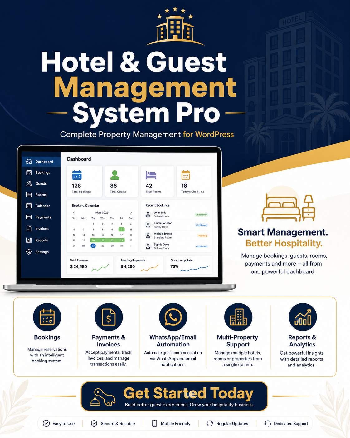 Hotel and Guest Management System Pro WordPress plugin for bookings, payments, and property management