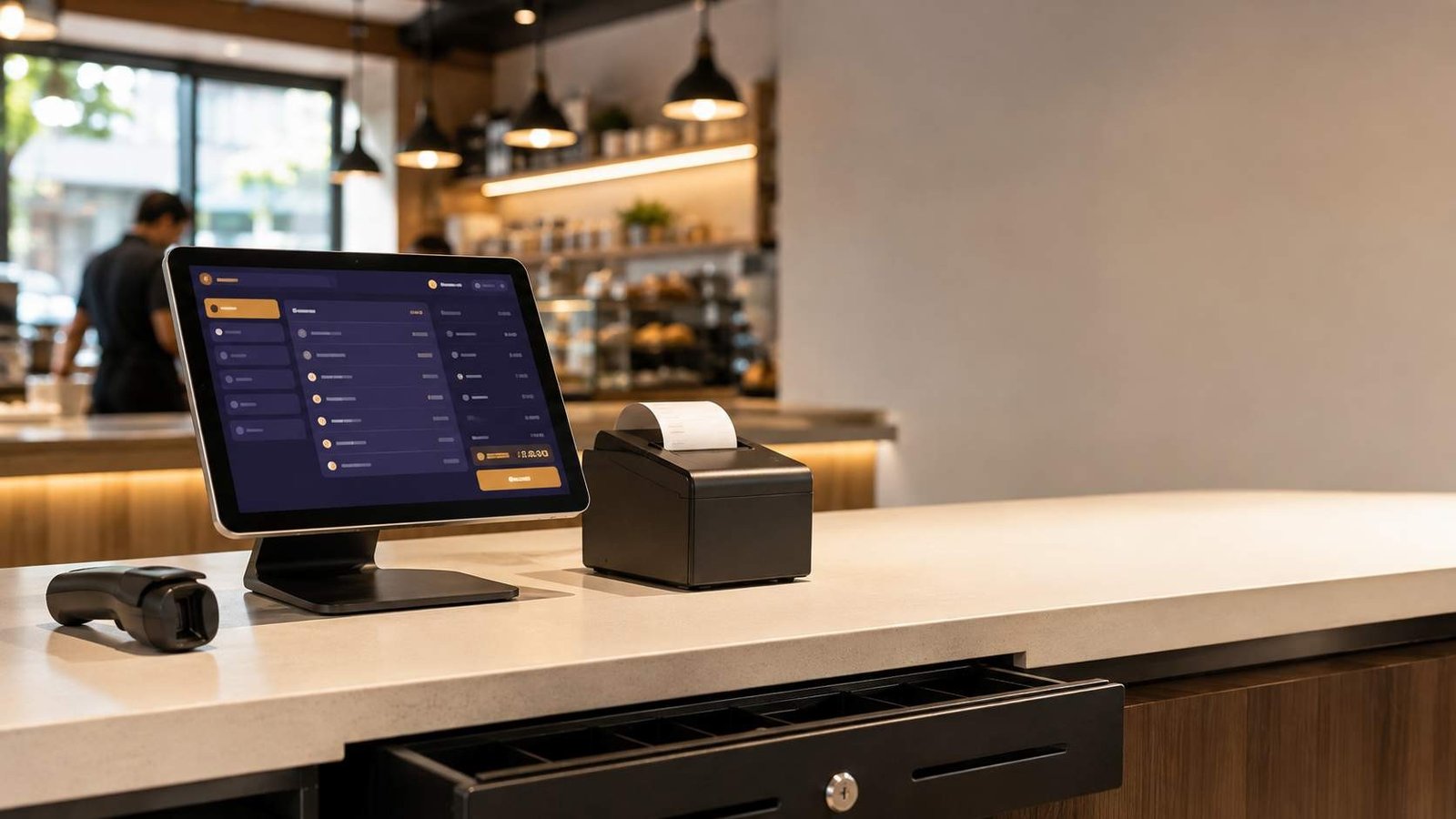 Restaurant cashier counter with a Junedweb POS tablet, receipt printer, barcode scanner, and cash drawer