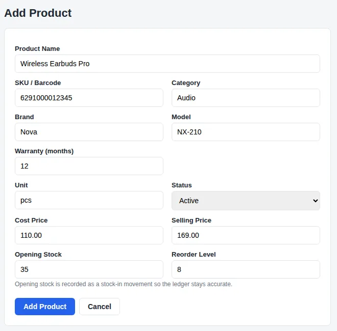 Add Product form for an electronics shop with brand, model and warranty fields