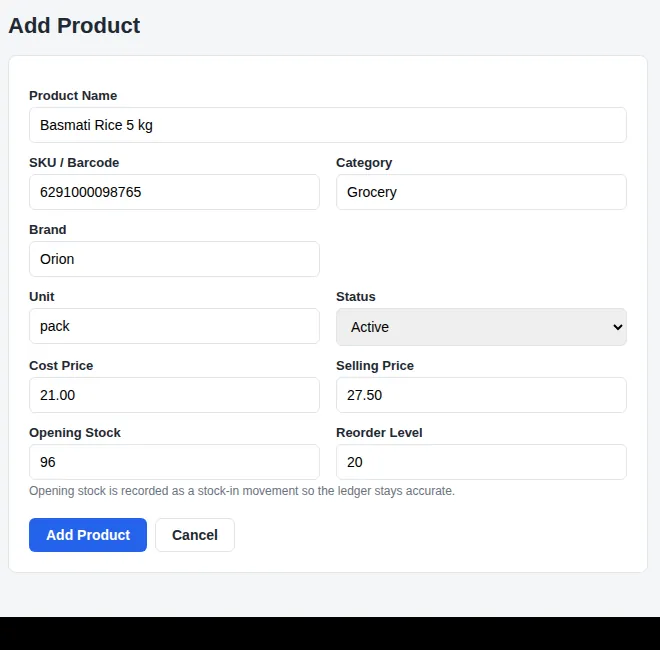 Add Product form for a general store with a brand field