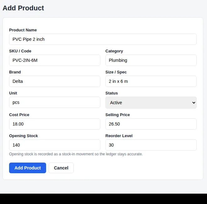 Add Product form for a hardware shop with brand and size fields