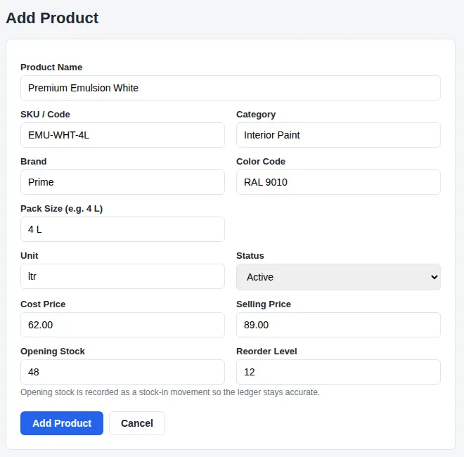 Add Product form for a paint shop with brand, colour code and pack size fields
