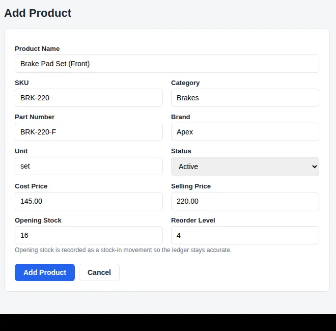 Add Product form for a servicing shop with part number and brand fields
