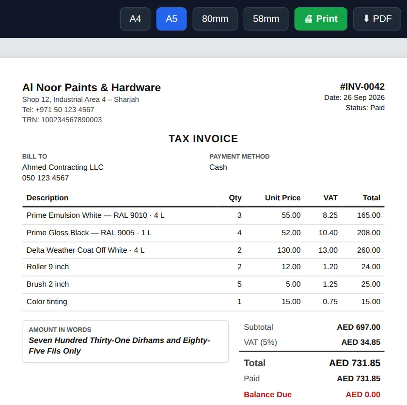 Sample A5 tax invoice with TRN, VAT, amount in words and paper size buttons