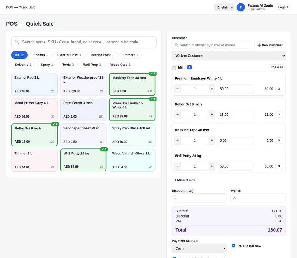 Quick Sale POS screen with product search, category buttons and a bill with VAT